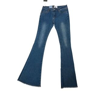 AC FOR AG Low Rise Flare Jeans Raw Hem Medium Wash Denim Size 29
